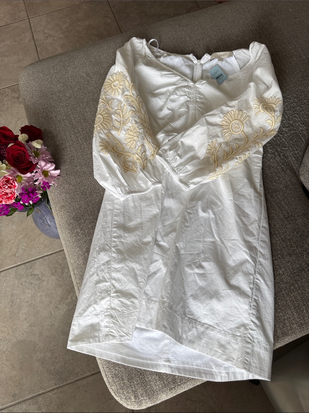 LOFT White Mini Dress with Yellow Embroidered Sleeves